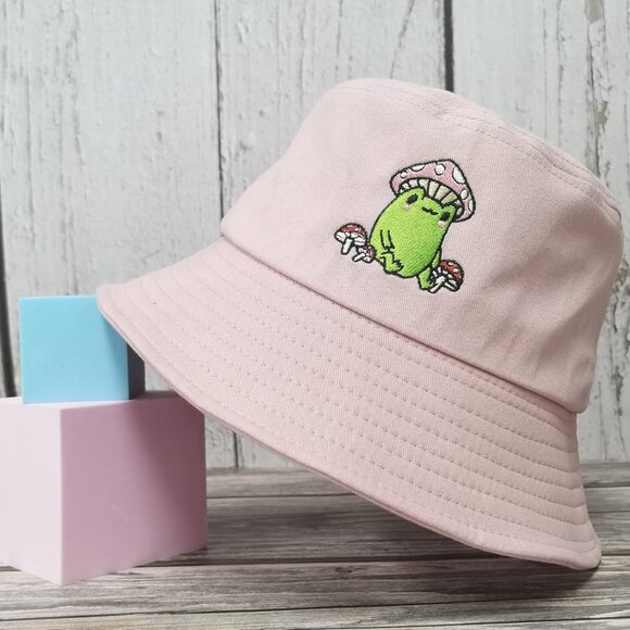 Embroidered Frog and Mushroom Bucket Hat Cotton Unisex Sun Cap for Outdoors - Picture 2 of 7